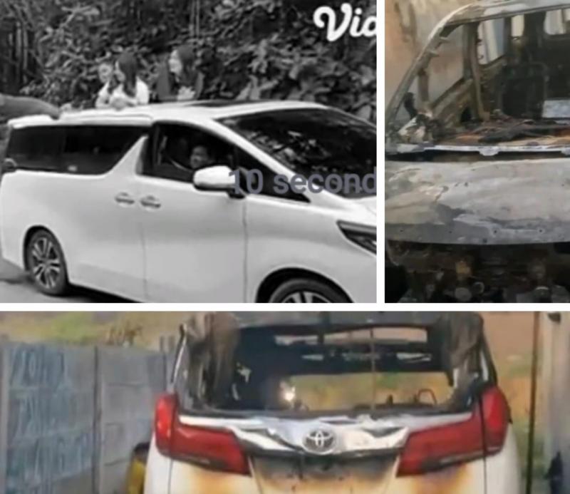 Searah jarum jam, kiri atas : Via Vallen saat di Taman Safari, dan mobil tinggal rangka dibakar oknum tak bertanggung jawab. (kolase)