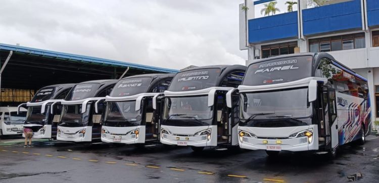 Deretan bus PO DMH dari Hino yang nyaman untuk Pariwisata