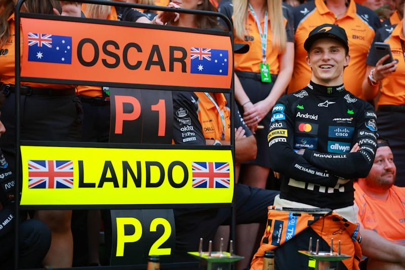 Oscar Piastri dan Lando Norris di GP Miami dengan manajemen ban yang direkayasa. (Foto: f1)