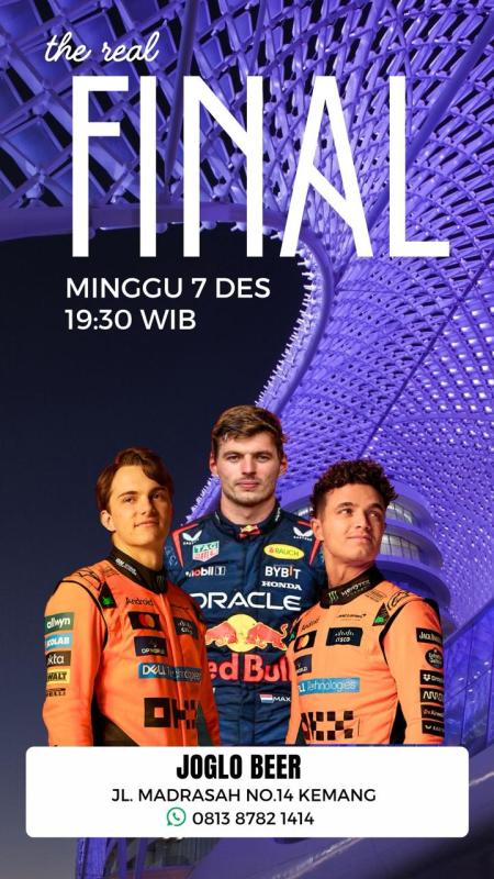 Trio petarung terakhir di laga final F1 2025 pekan ini. Fans di Jakarta dan sekitarnya, silakan nobar di Joglo Beer Kemang. (Foto: ist)